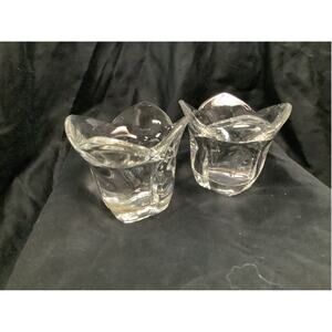 Pair of Orrefors Crystal Lotus Taper Candle Holders - Tulip Candlesticks